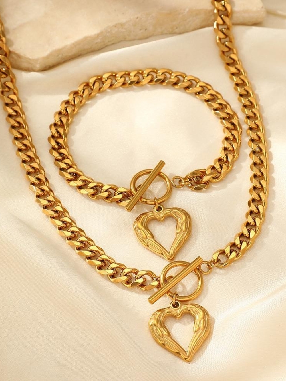Gold Heart Toggle Necklace and Bracelet Set - Women Jewelry